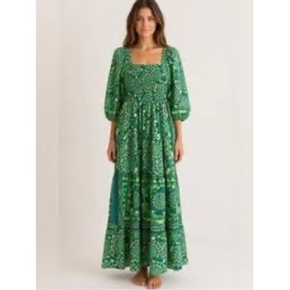 Anthropologie Me 2 Magic Green Geometric Mandala Print Smocked Maxi Dress Large‎